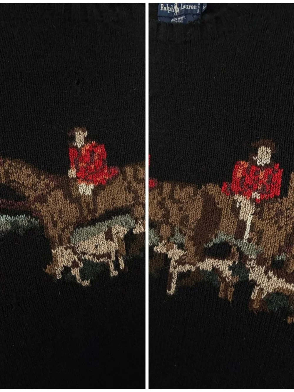 VTG Ralph Lauren Equestrian Fox Hunt Large Sweater Graphic Black Wool Hand Knit